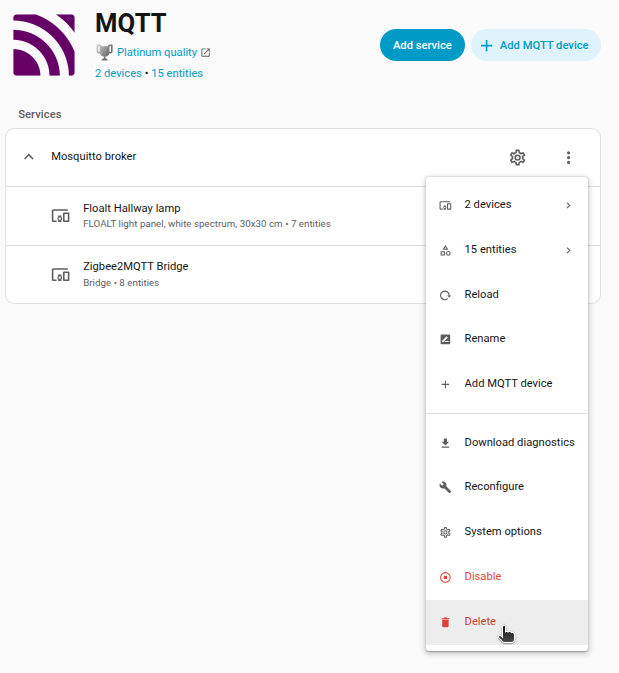 Removing Zigbee2MQTT devices (option 1)