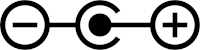 Icon showing a circle with a dot in the center, a line connecting the dot to a plus sign (+) on the right, and on the left another line connecting the outer circle to a minus sign (−)